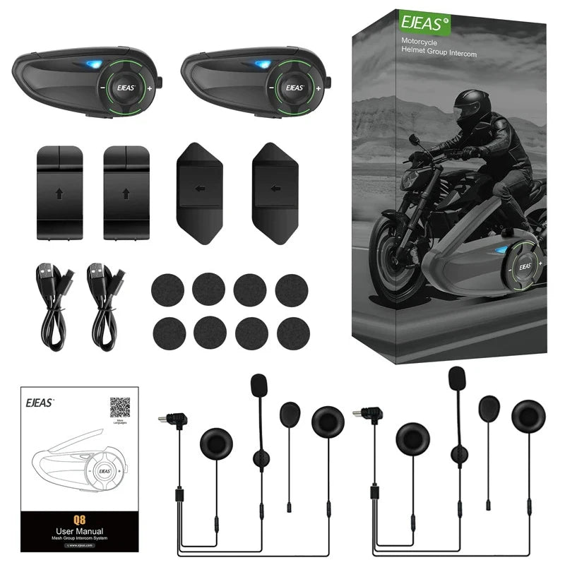 EJEAS Q8 Interphone en maille pour moto avec talkie-walkie à distance EUC Interphone Bluetooth casque pour 6 coureurs avec Bluetooth 5.1