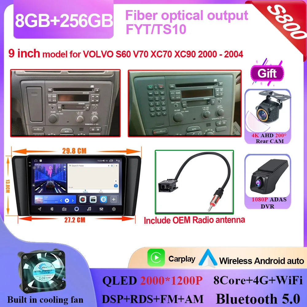 Autoradio Carplay, lecteur vidéo multimédia, WIFI + 4G DSP stéréo, pour Volvo XC70 V70 S60 2004 2005 2006 2007 2008 2009