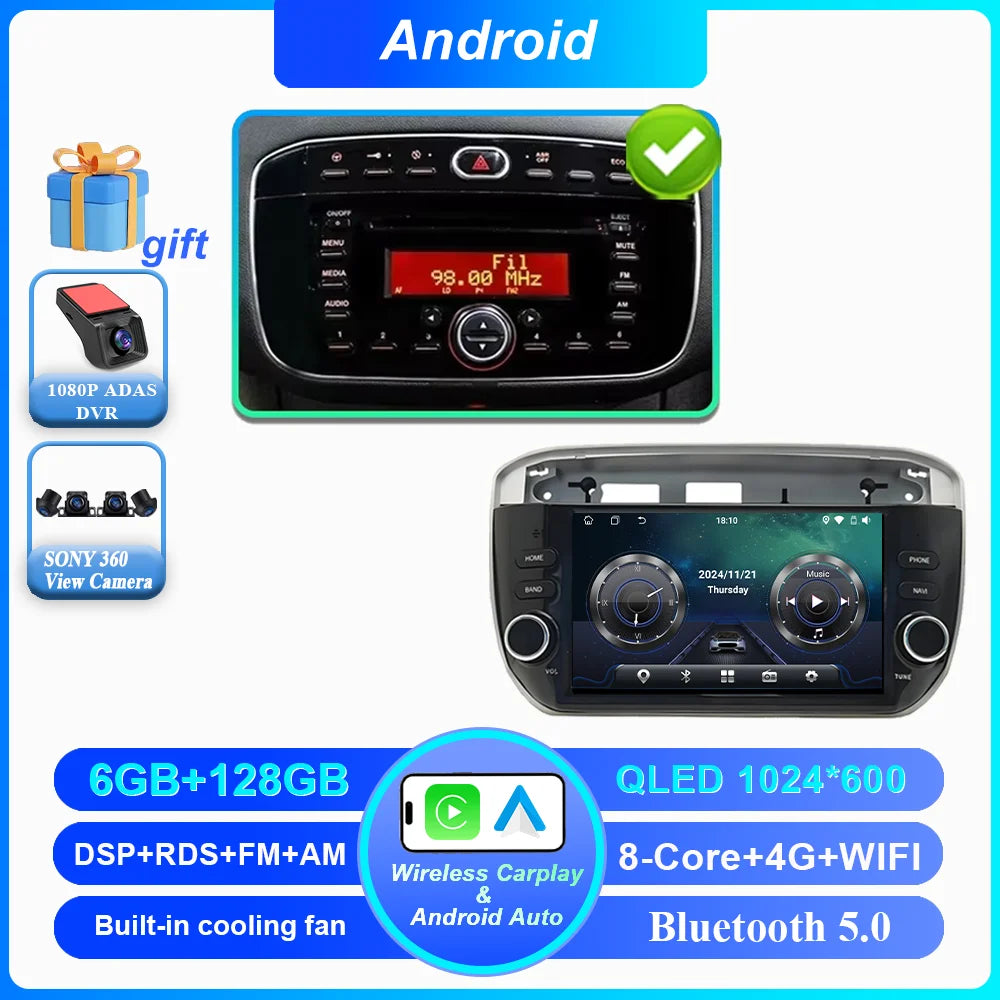 7 ''Android 15 Autoradio pour Fiat Linea Punto evo 2012-2015 GPS WIFI Carplay Auto 4G Radio stéréo lecteur multimédia Bluetooth