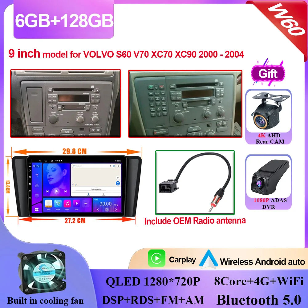 Autoradio Carplay, lecteur vidéo multimédia, WIFI + 4G DSP stéréo, pour Volvo XC70 V70 S60 2004 2005 2006 2007 2008 2009