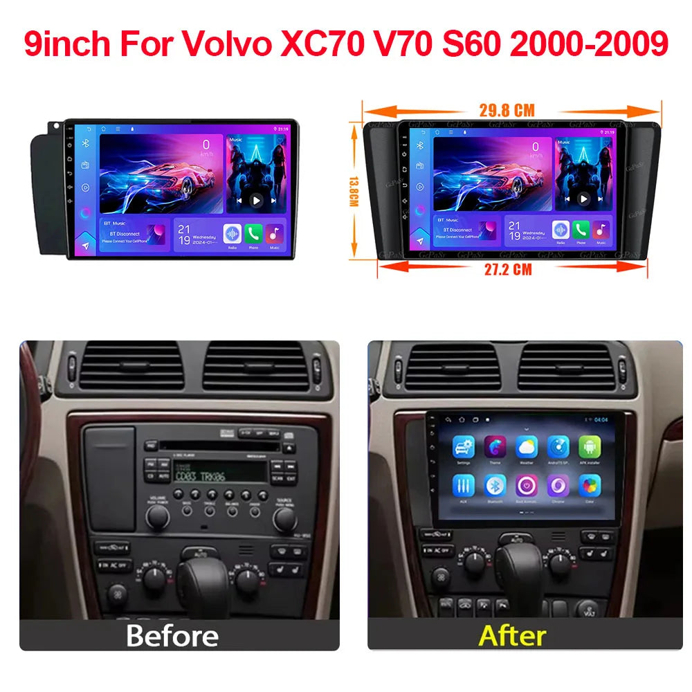 Autoradio Carplay, lecteur vidéo multimédia, WIFI + 4G DSP stéréo, pour Volvo XC70 V70 S60 2004 2005 2006 2007 2008 2009