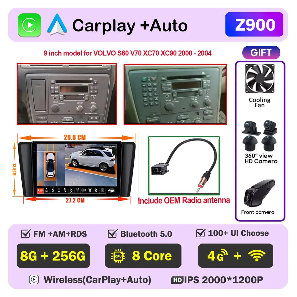Autoradio CarPlay pour Volvo XC70 V70 S60 2000-2009, lecteur multimédia Android Auto, autoradio stéréo 8 cœurs, DSP, 5G WIFI, écran DVD