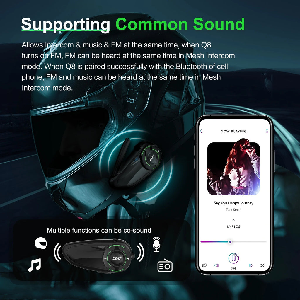 EJEAS Q8 Interphone en maille pour moto avec talkie-walkie à distance EUC Interphone Bluetooth casque pour 6 coureurs avec Bluetooth 5.1