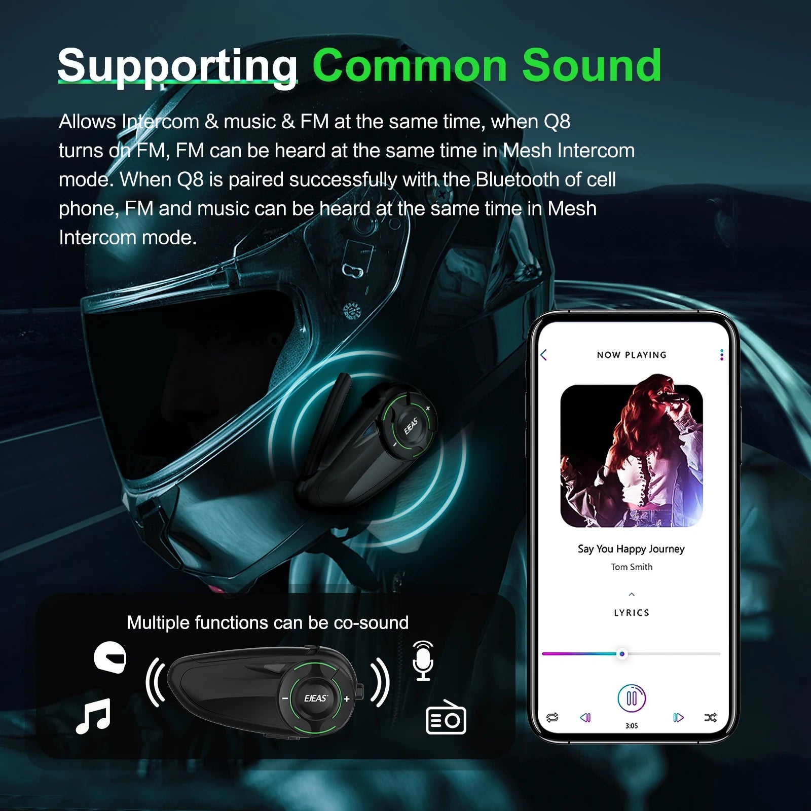 EJEAS Q8 Interphone en maille pour moto avec talkie-walkie à distance EUC Interphone Bluetooth casque pour 6 coureurs avec Bluetooth 5.1