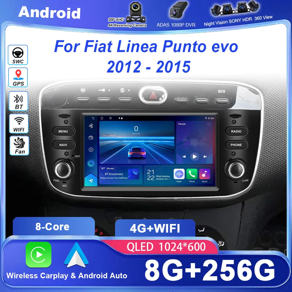 7 ''Android 15 Autoradio pour Fiat Linea Punto evo 2012-2015 GPS WIFI Carplay Auto 4G Radio stéréo lecteur multimédia Bluetooth