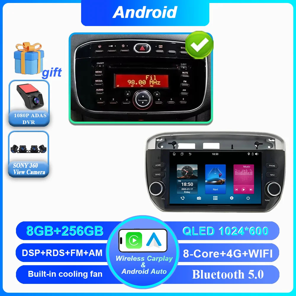 7 ''Android 15 Autoradio pour Fiat Linea Punto evo 2012-2015 GPS WIFI Carplay Auto 4G Radio stéréo lecteur multimédia Bluetooth