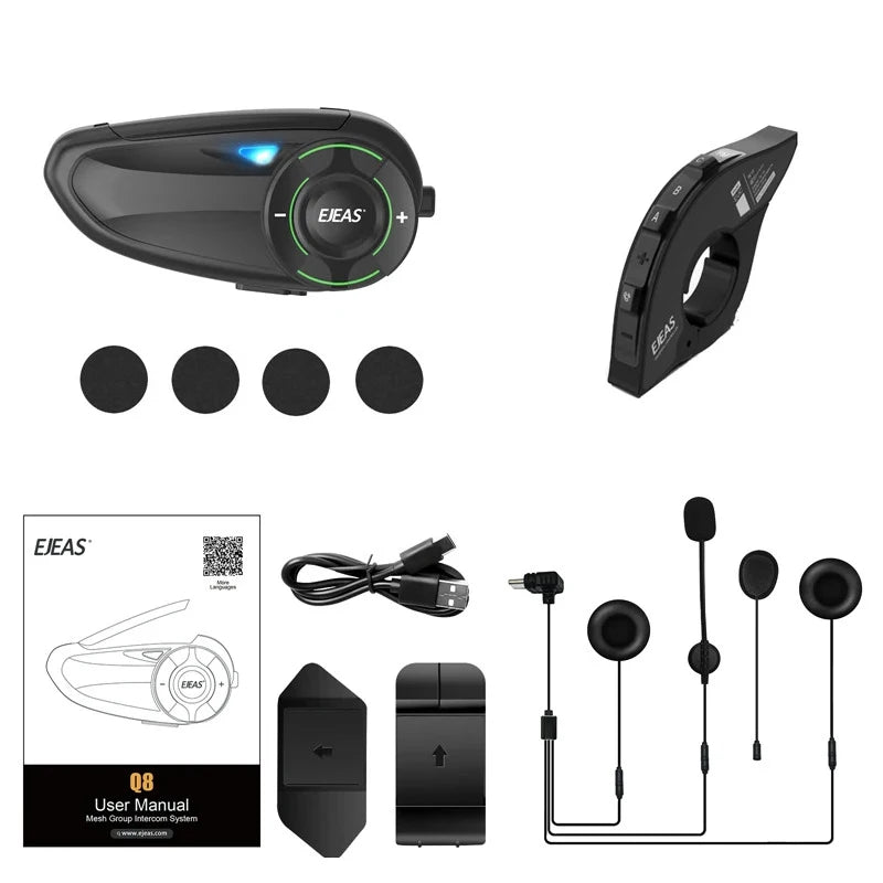 EJEAS Q8 Interphone en maille pour moto avec talkie-walkie à distance EUC Interphone Bluetooth casque pour 6 coureurs avec Bluetooth 5.1