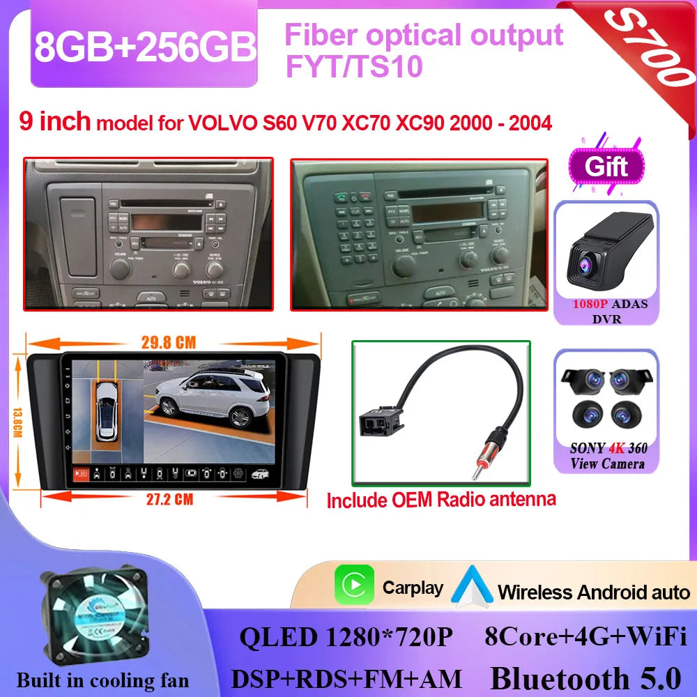 Autoradio Carplay, lecteur vidéo multimédia, WIFI + 4G DSP stéréo, pour Volvo XC70 V70 S60 2004 2005 2006 2007 2008 2009