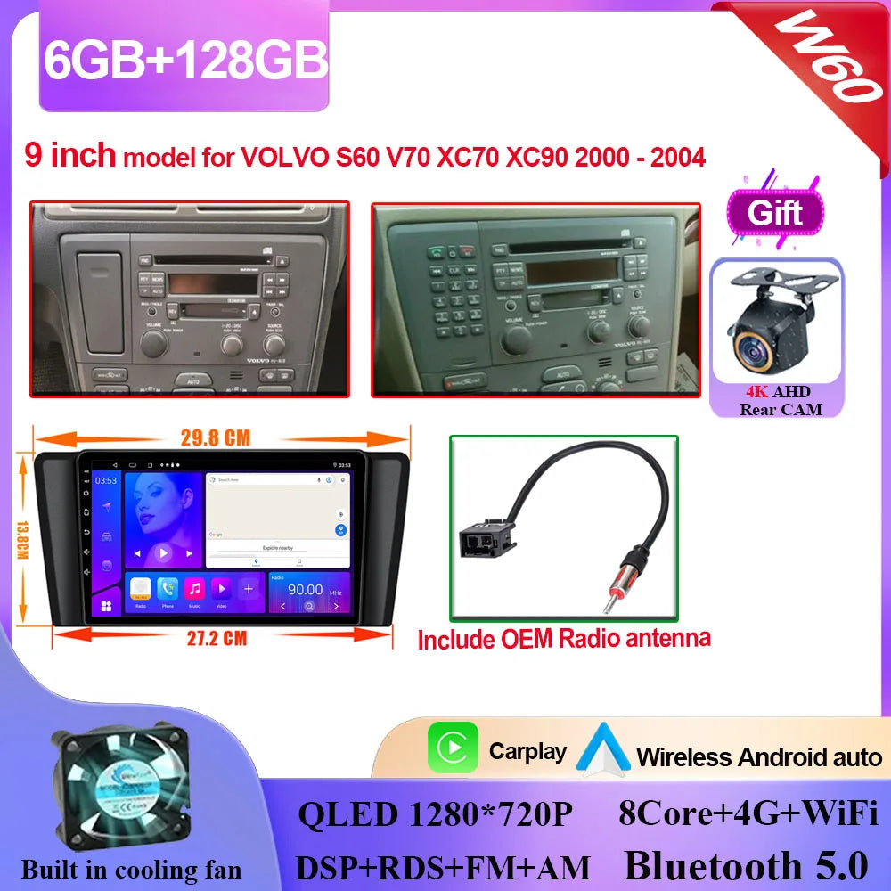 Autoradio Carplay, lecteur vidéo multimédia, WIFI + 4G DSP stéréo, pour Volvo XC70 V70 S60 2004 2005 2006 2007 2008 2009