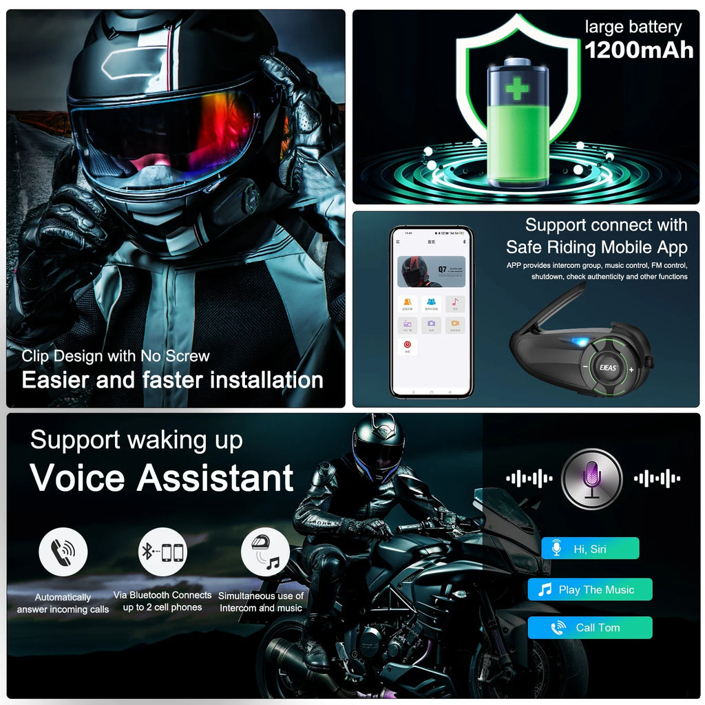 EJEAS Q8 Interphone en maille pour moto avec talkie-walkie à distance EUC Interphone Bluetooth casque pour 6 coureurs avec Bluetooth 5.1