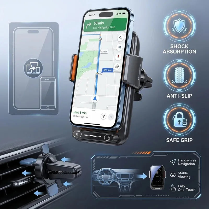 Support de téléphone pour voiture avec chargeur sans fil 15W et chargeur filaire, détection automatique, libération et rotation à une touche, certifié Qi FCC ROHS